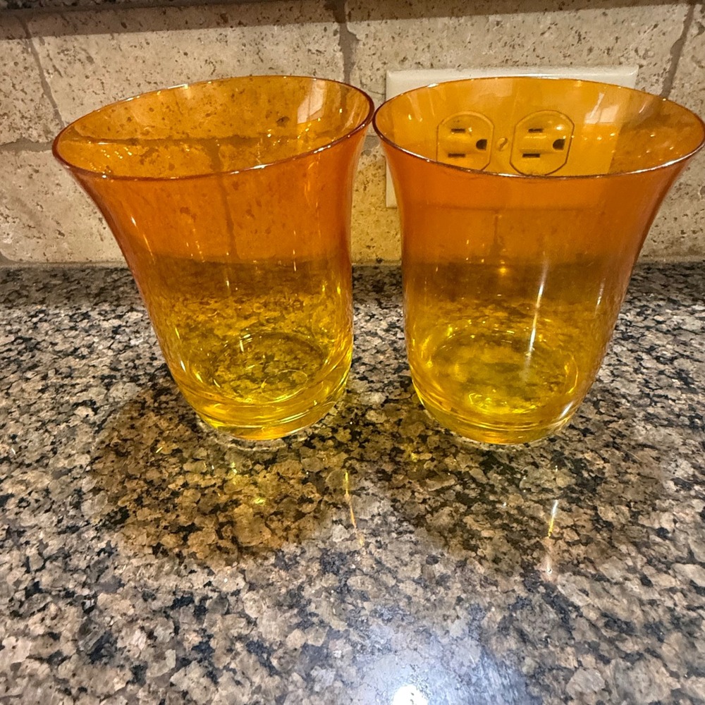 Vietri Amber Glass Hurricane Vases Set of 2 Made in Italy Orange Cups